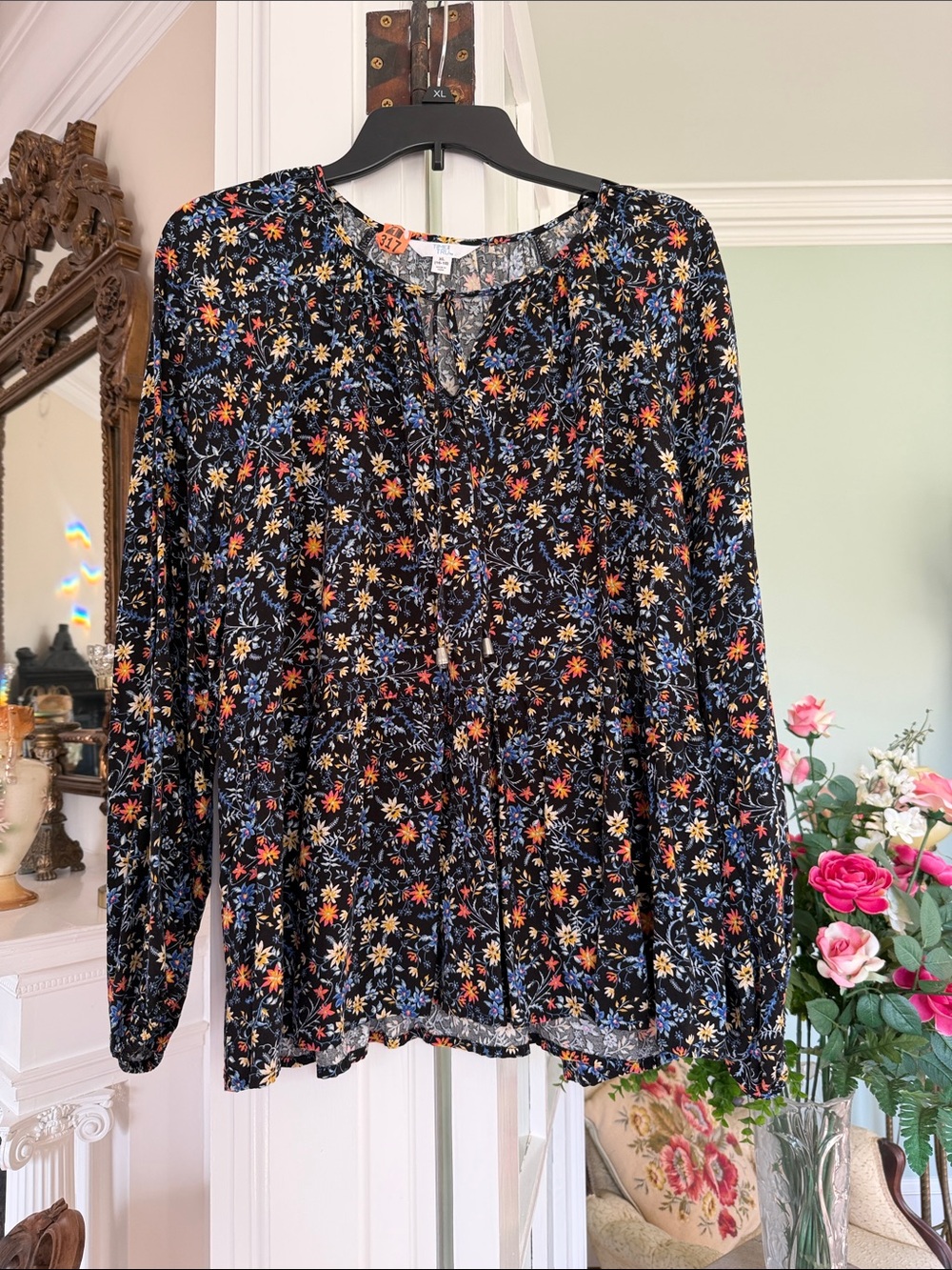 Time and Tru Black Floral Tie-Neck Peasant Blouse Tunic, size XL